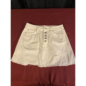 We The Free Size 26 Button Fly Cream Distressed Raw Hem Mini Denim Skirt - CUTE!